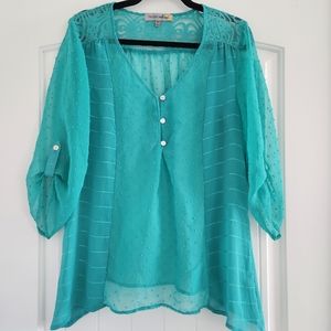 Figueroa & Flower Sheer Teal Blouse Top Medium